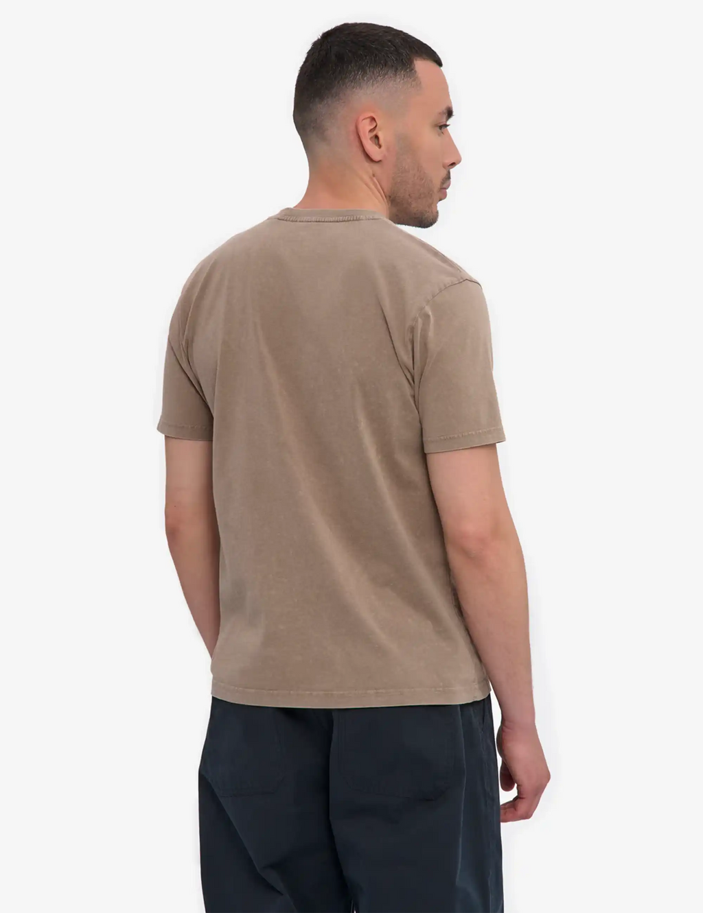 Faded khaki crew-neck organic t-shirt with short sleeves, back view