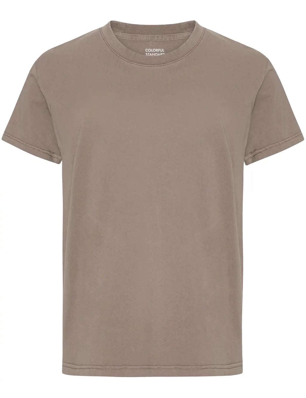 Faded khaki crew-neck organic t-shirt with short sleeves and small chest logo label