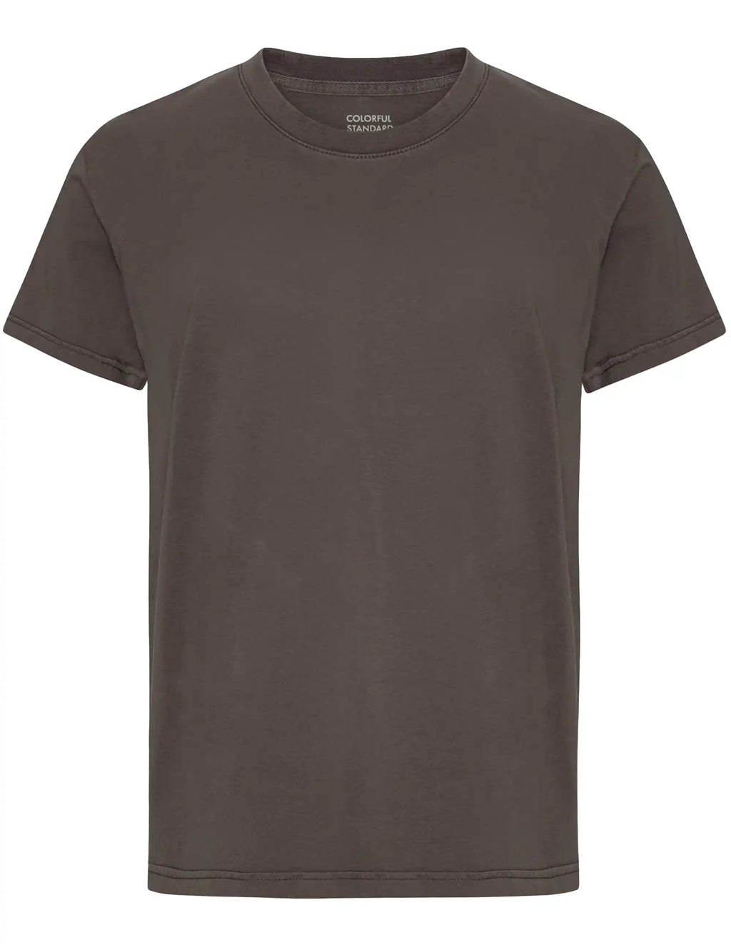 Faded mud brown crew-neck short-sleeve T-shirt, minimal chest branding.