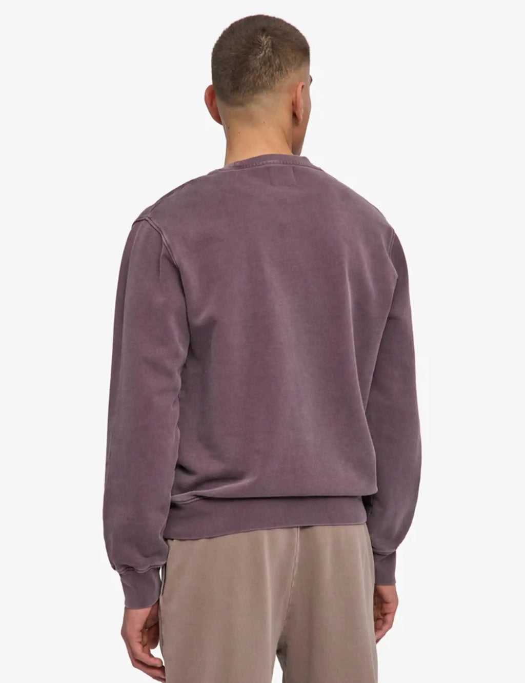 Faded grape crewneck sweatshirt with ribbed hem and cuffs, back view