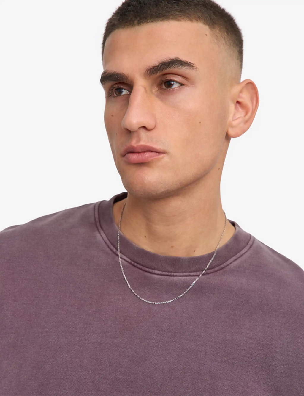 Faded grape crewneck sweatshirt neckline with crew collar stitching