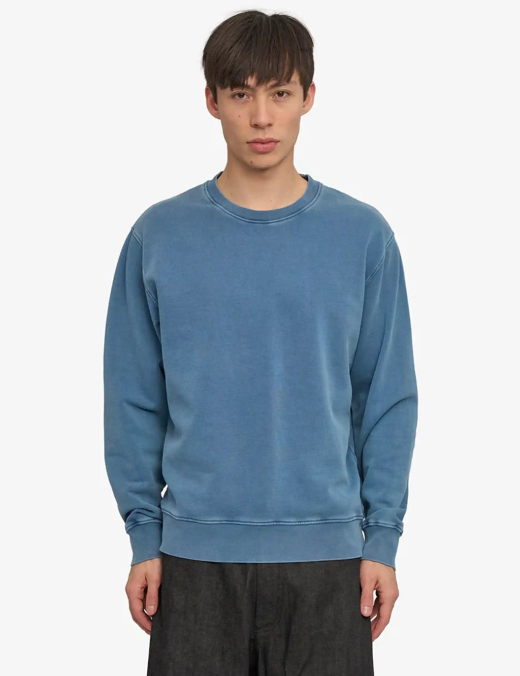 Blue crewneck sweatshirt on model, long sleeves and ribbed neckline