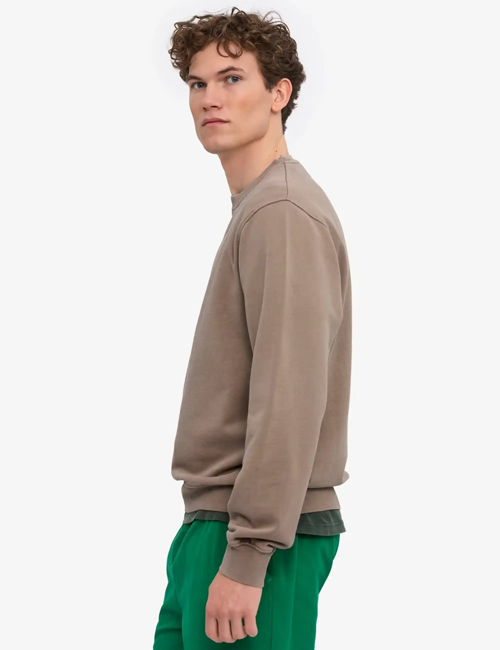 Men's organic crew sweatshirt, faded khaki, side view with long sleeves and ribbing