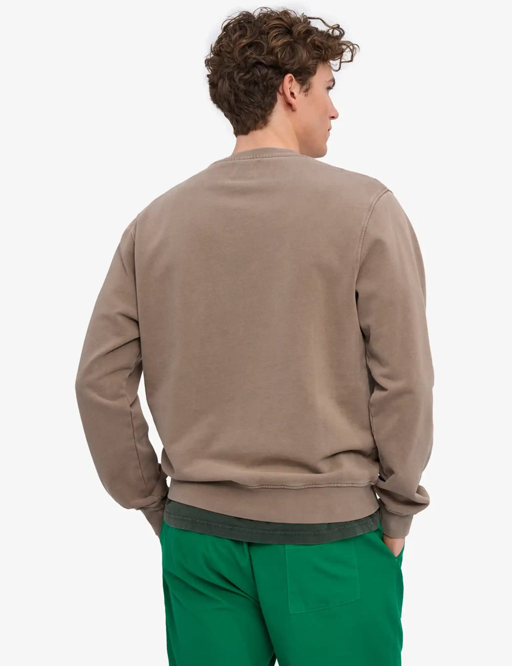 Men's organic crew sweatshirt, faded khaki, back view with ribbed hem and cuffs