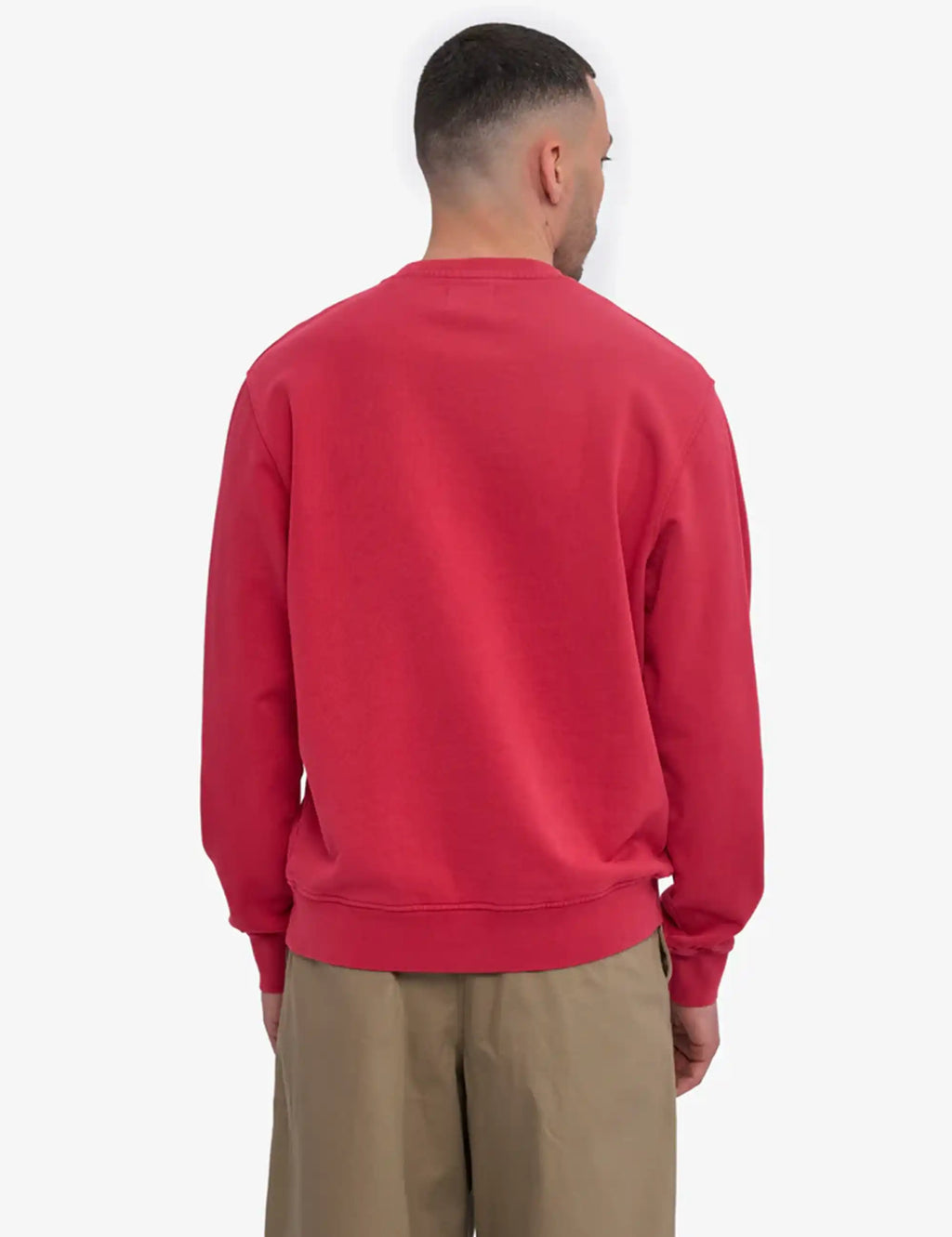 Faded red sweatshirt back view with ribbed hem and cuffs