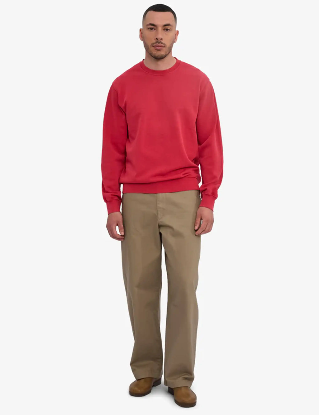 Faded red crew-neck sweatshirt with ribbed hem and cuffs, front view