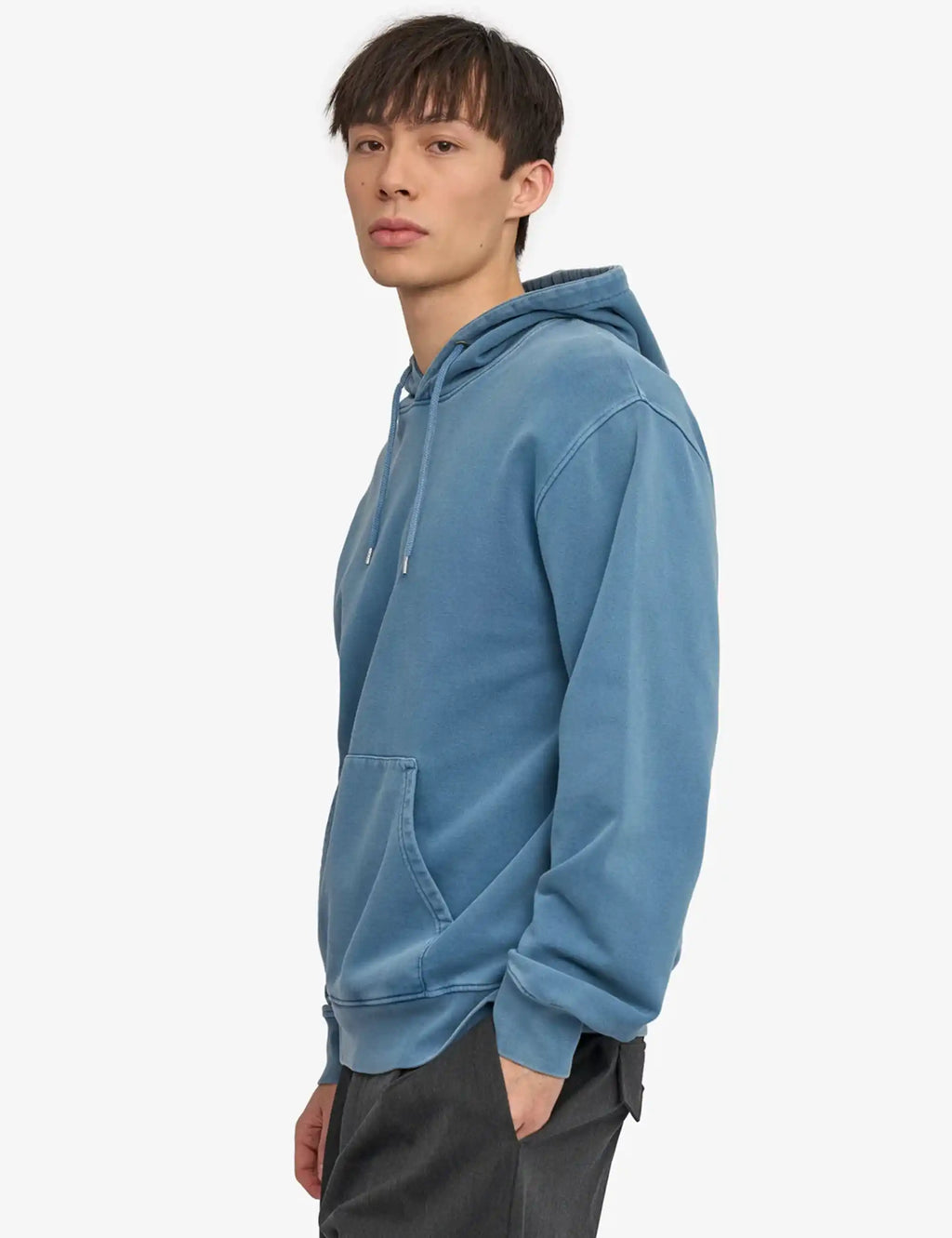 Faded indigo hooded sweatshirt with front kangaroo pocket; long sleeves, drawstring hood.
