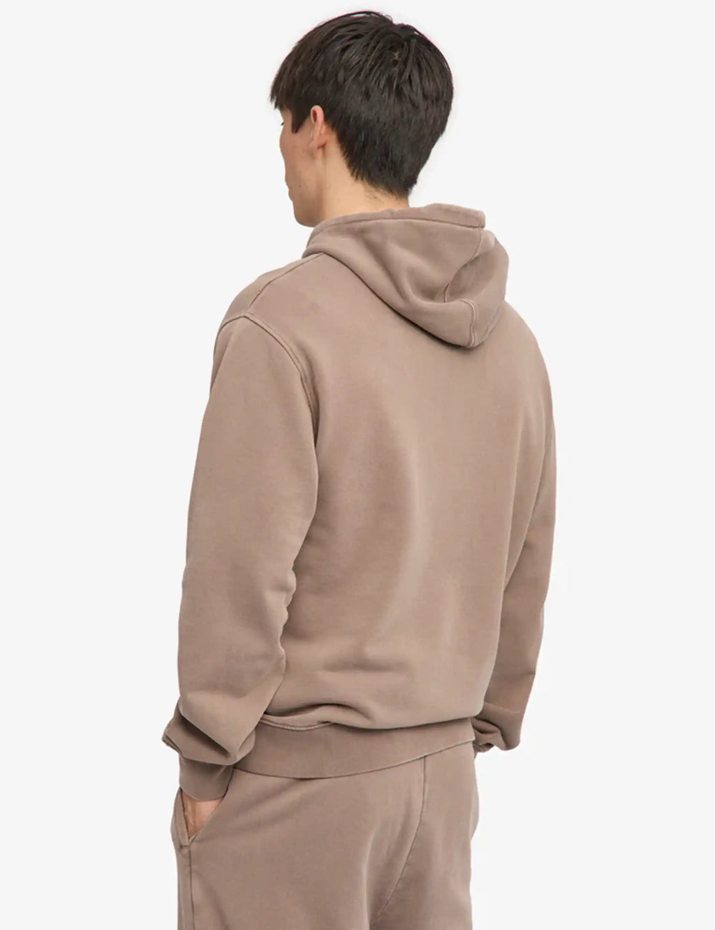 Faded khaki pullover hoodie with hood drawstrings, back and sleeve view