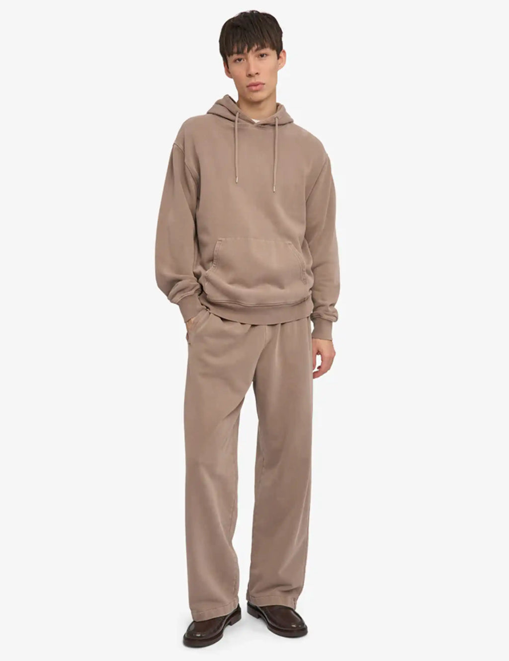 Faded khaki hoodie and matching jogger set with drawstring hood and pockets