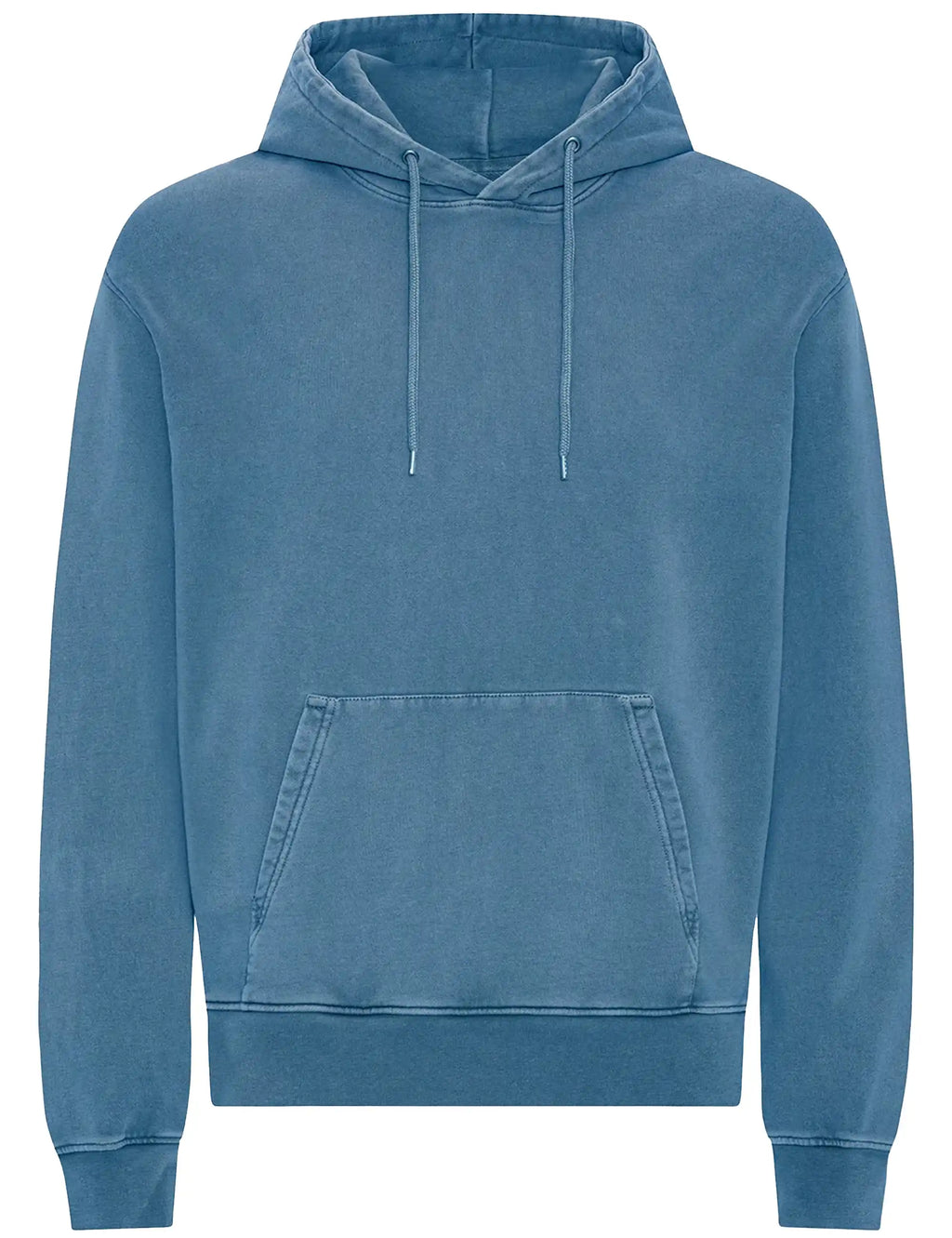 Faded indigo organic hooded sweatshirt with front kangaroo pocket and drawstring cords.