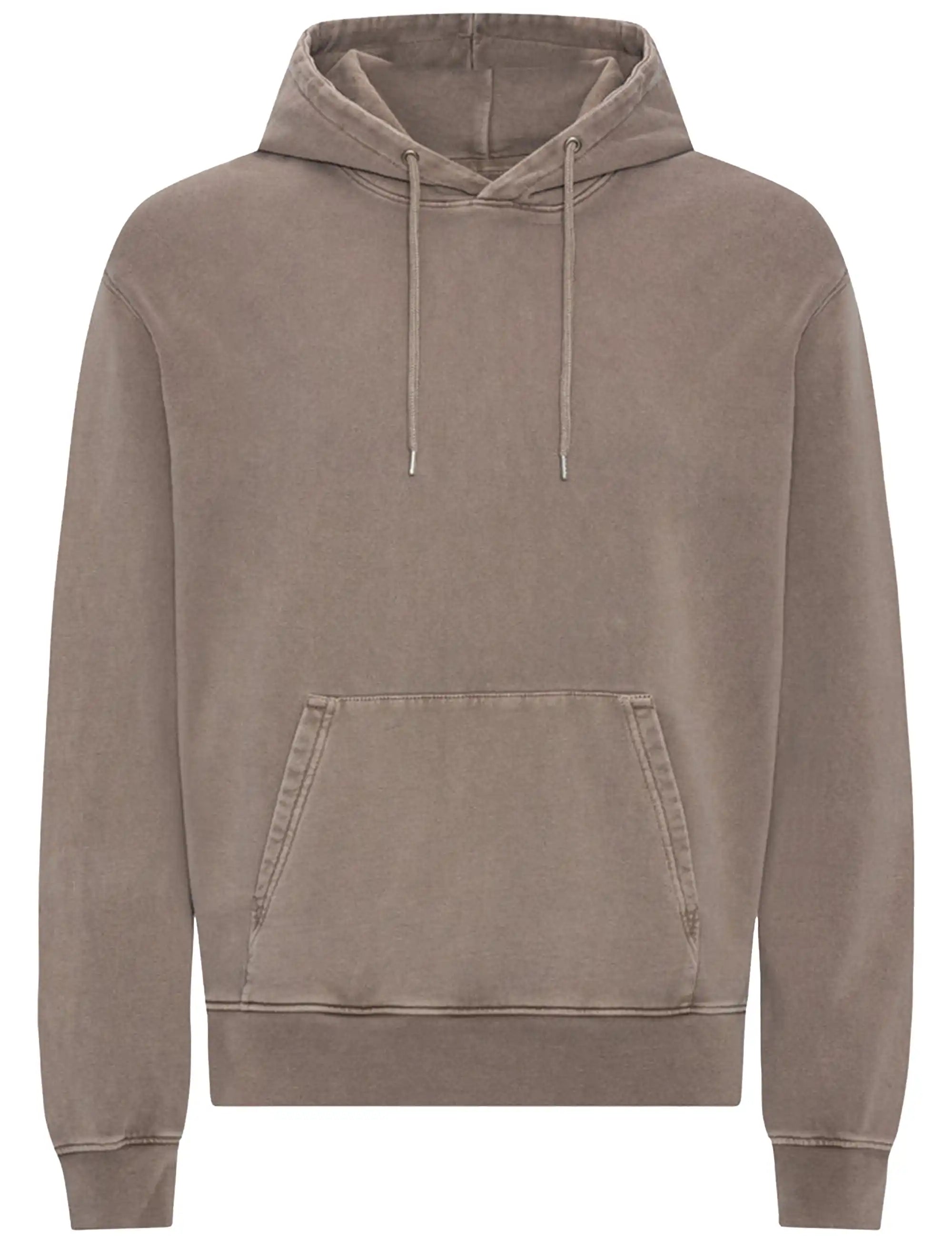 Faded khaki organic hooded sweatshirt with drawstring and kangaroo pocket
