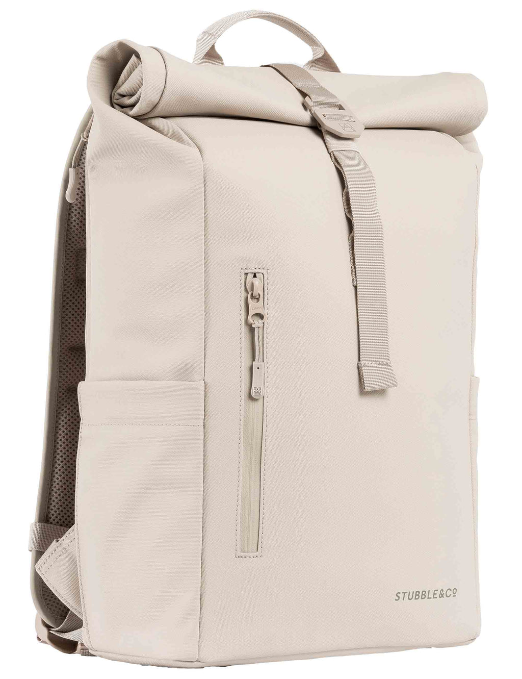 Roll-top backpack in tonal sand, front buckle strap and vertical zip pocket detail.