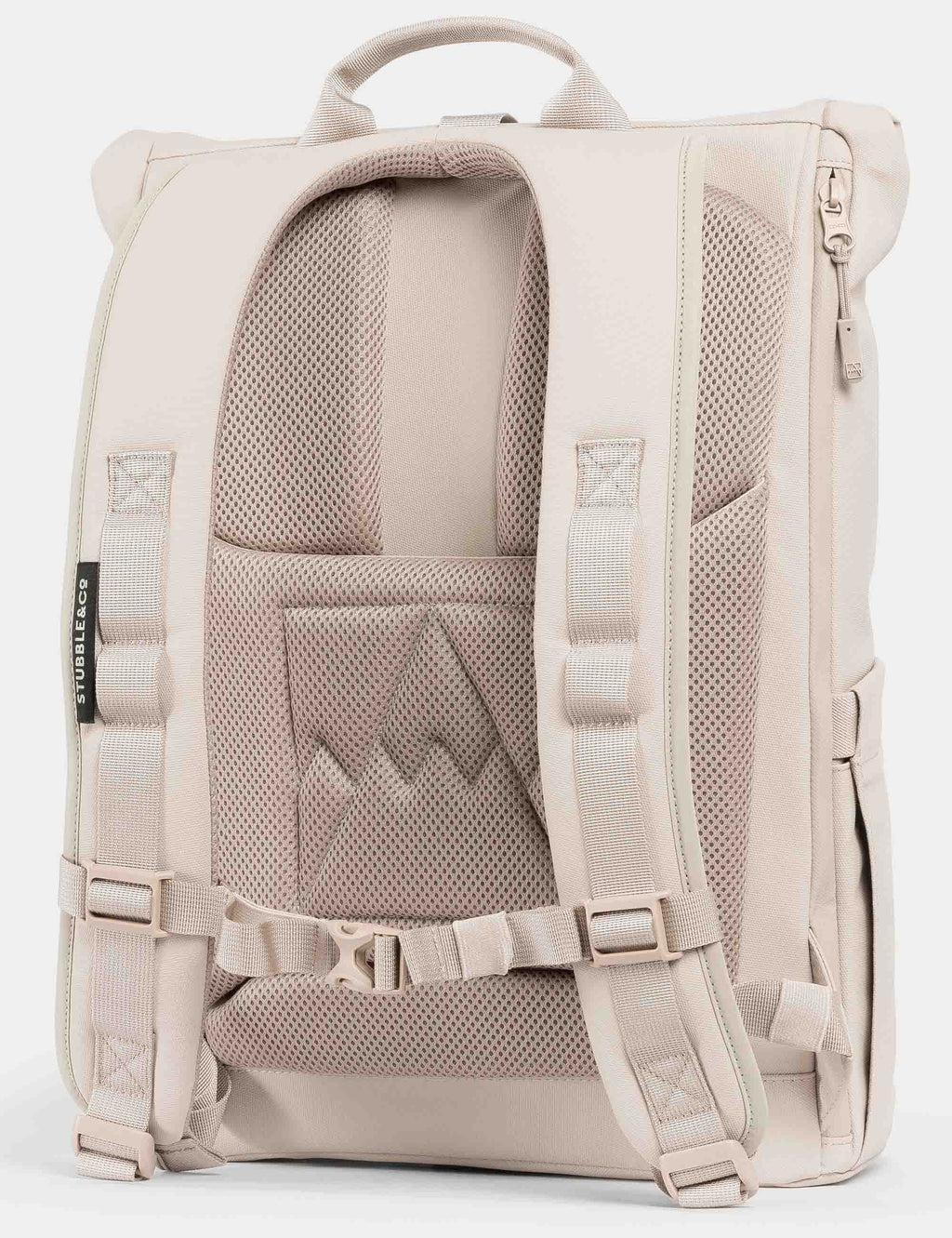 Roll-top backpack in tonal sand with open interior, padded mesh back panel and straps.