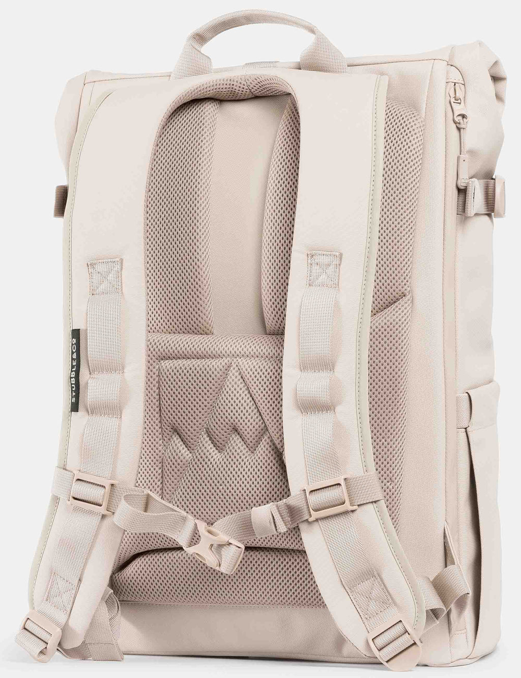 Sand roll-top backpack showing padded back panel and adjustable shoulder straps