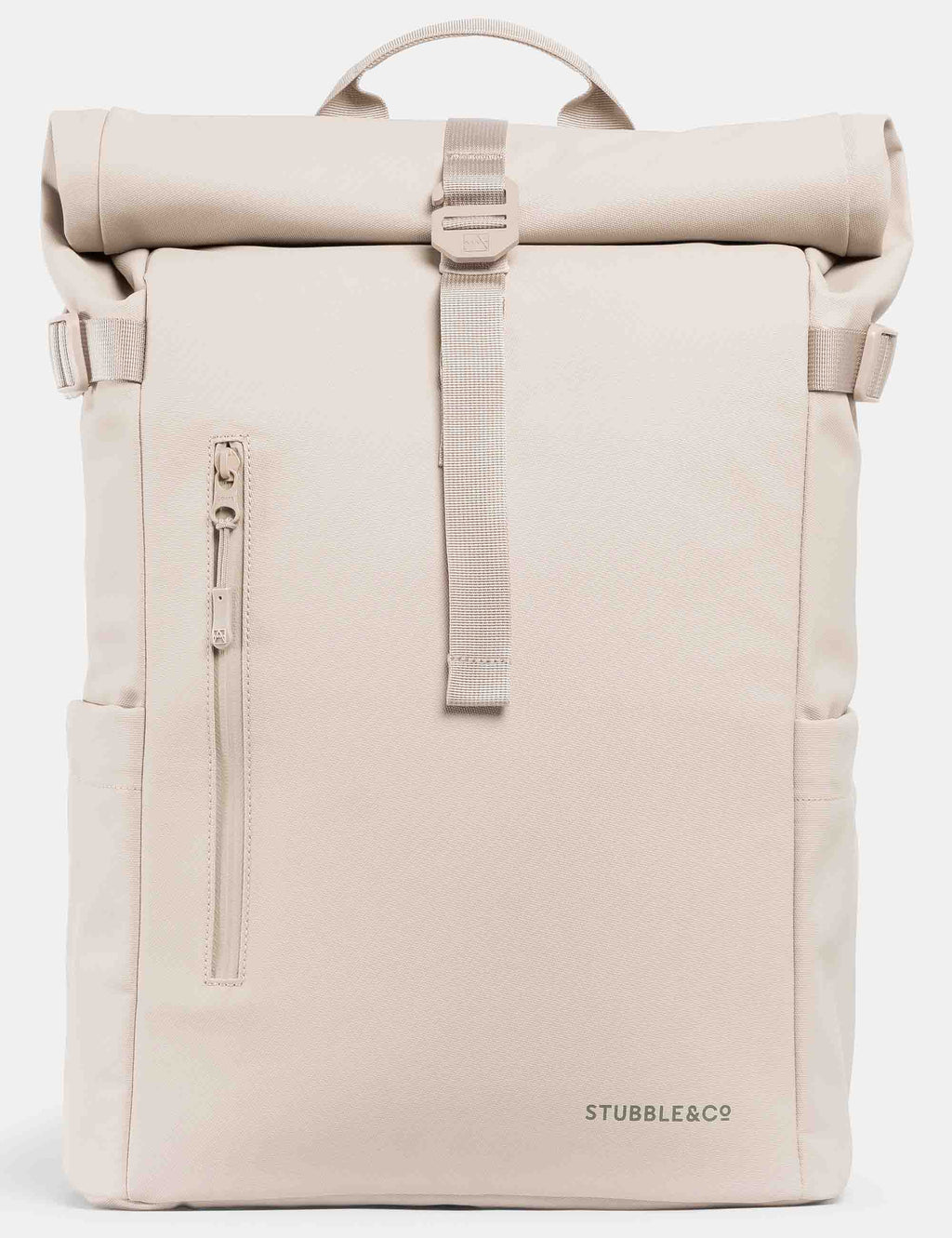 Sand roll-top backpack with top carry handle, front buckle strap, and zip pocket