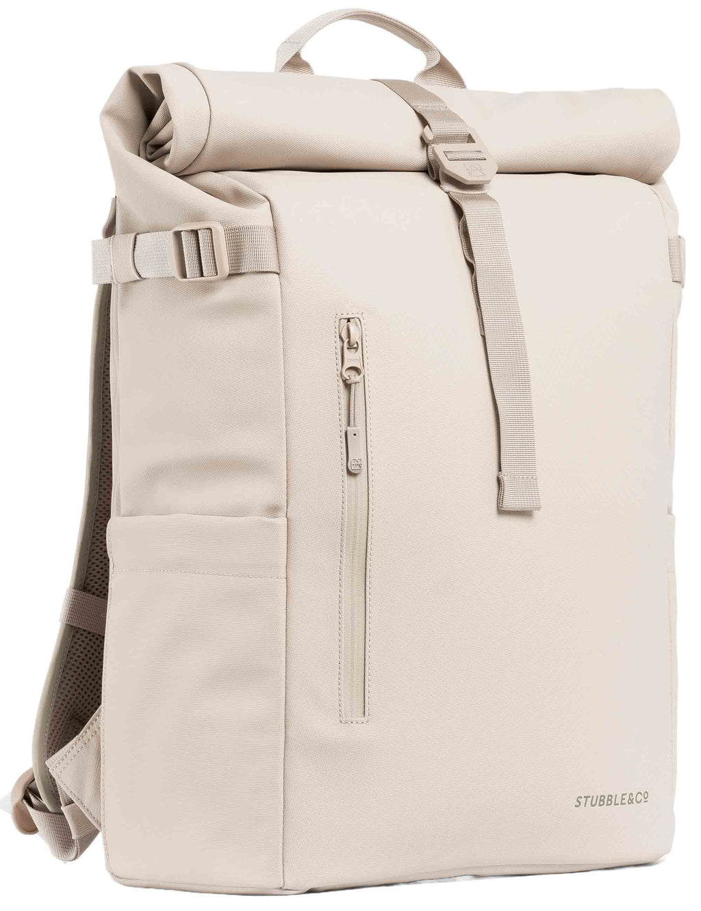 Sand roll-top backpack with front pocket and adjustable shoulder straps