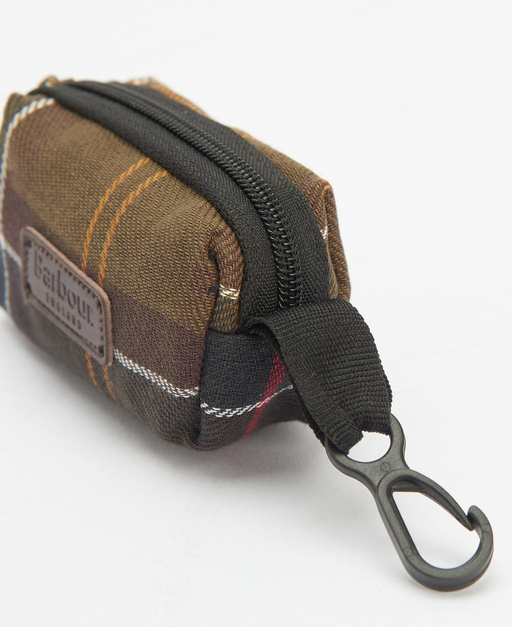 Tartan poop bag dispenser side view with zipper edge and metal carabiner clip