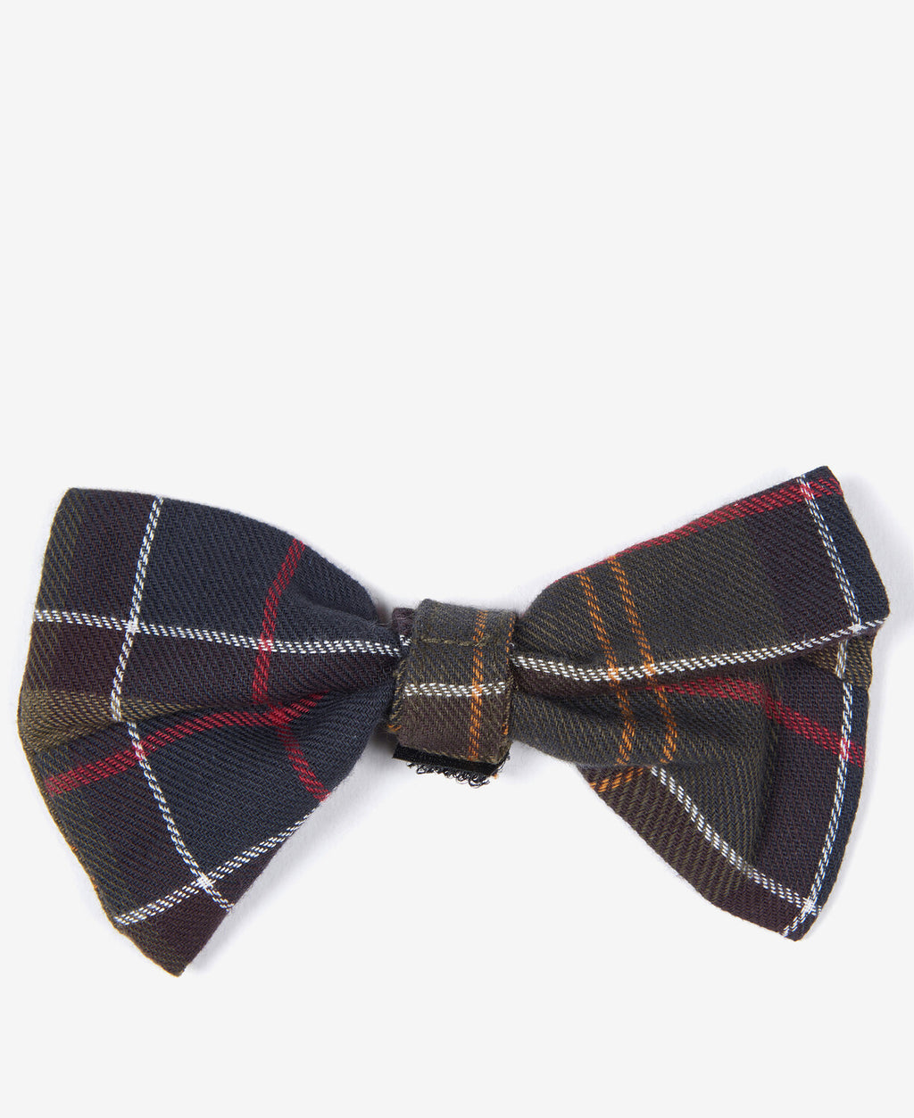 Tartan dog bow tie with navy, red, and white plaid pattern and knot center