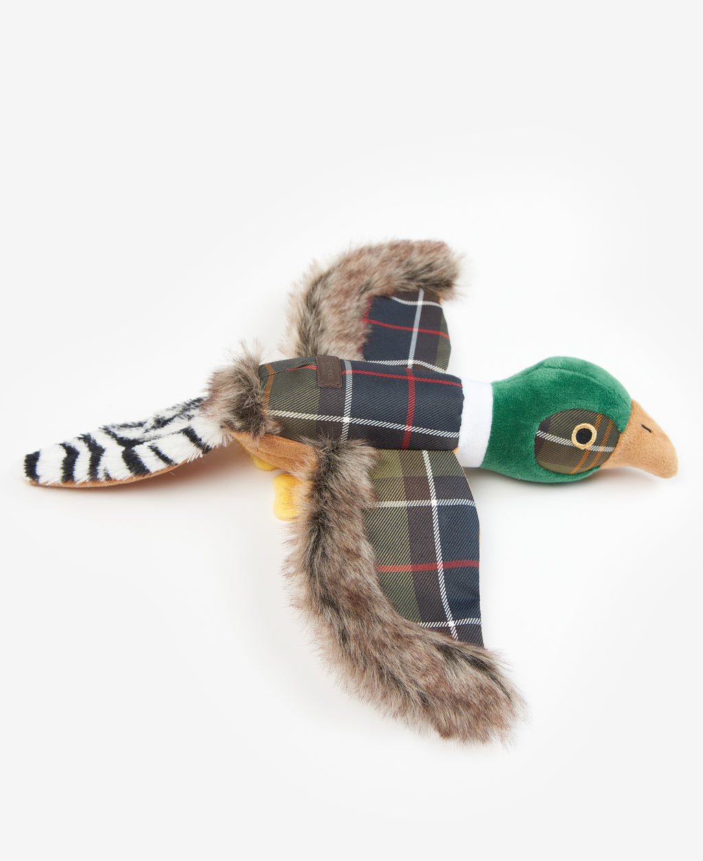 Plush tartan pheasant dog toy with green head, striped tail, and floppy wings