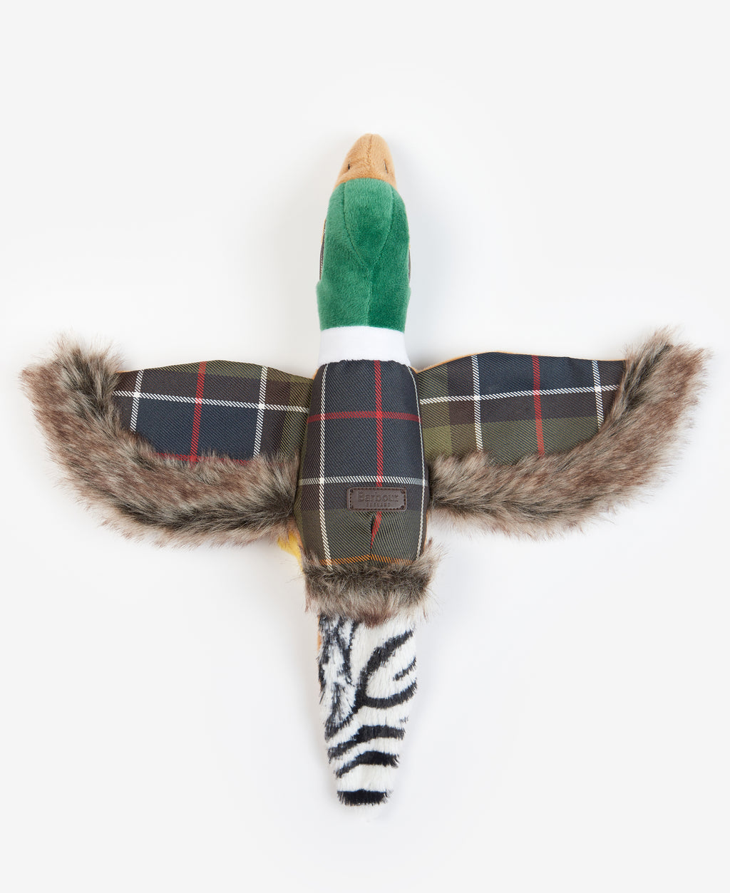 Plush pheasant dog toy viewed from above, green head and plaid wings