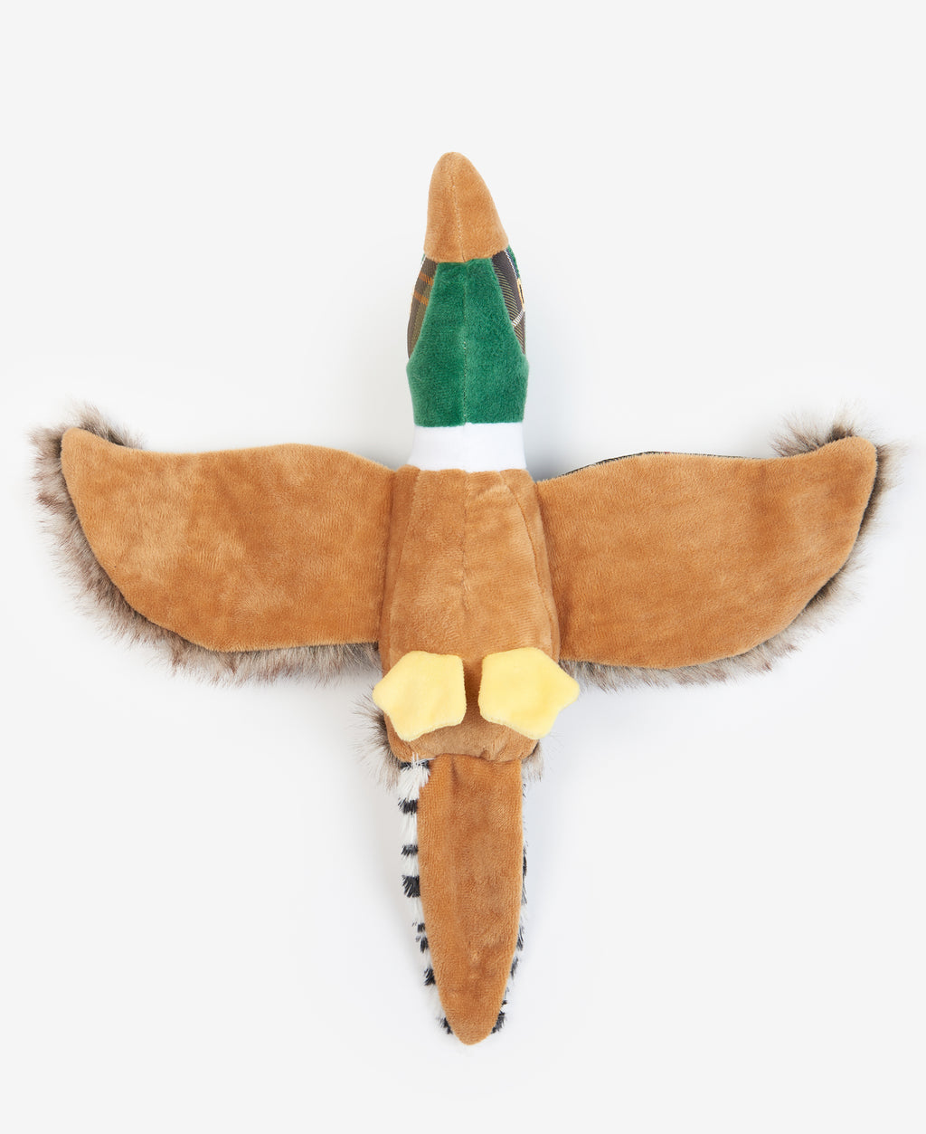 Plush pheasant dog toy with green head, tan body, and fur-trimmed wings