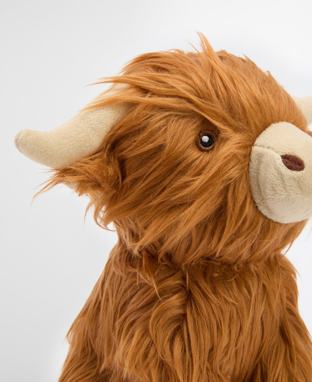 Close-up brown plush Highland cow dog toy face with beige snout and dark stitched eye