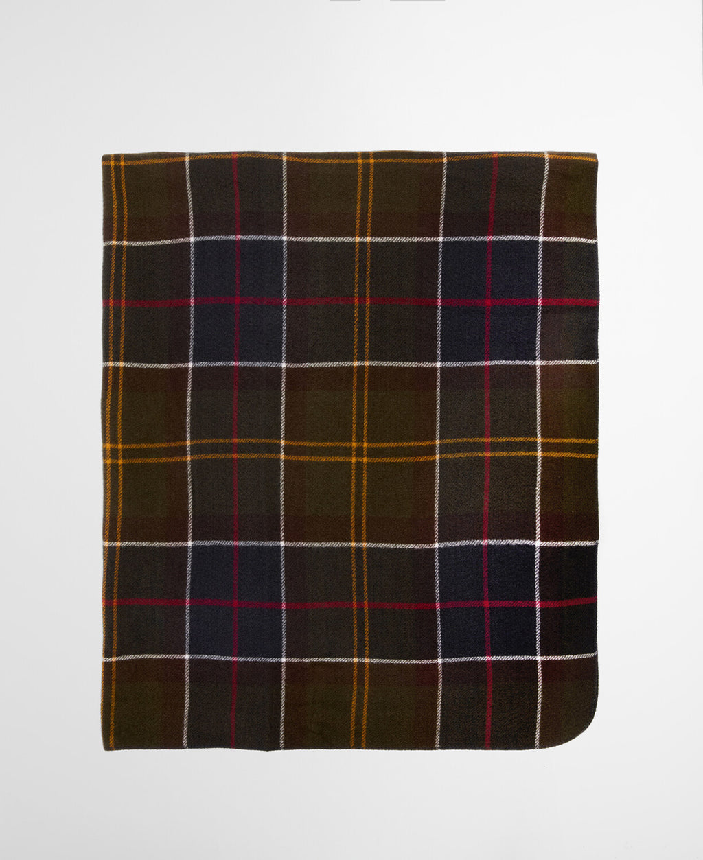 Tartan dog blanket, square view, dark plaid with red, yellow, and white grid lines