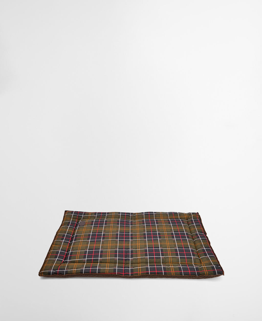 Tartan dog mat, brown plaid with red, navy and white grid