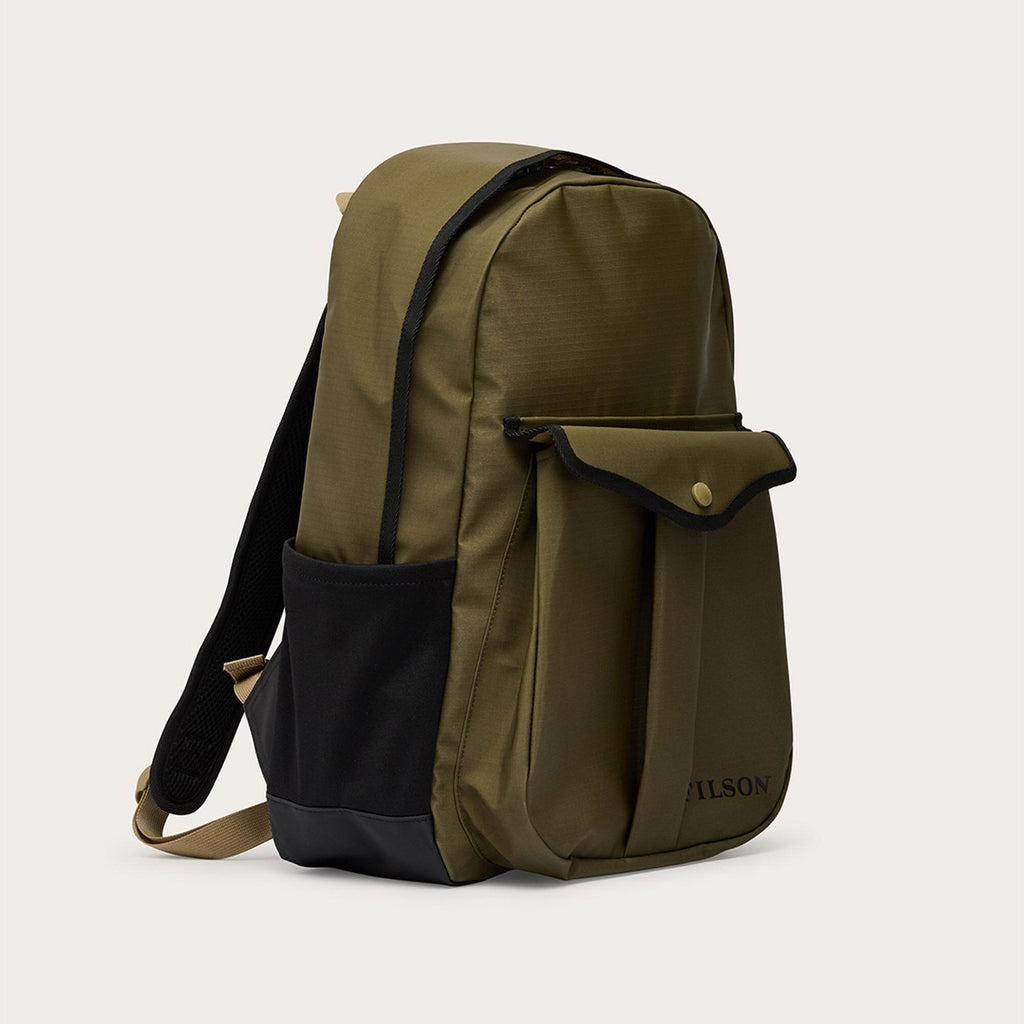Filson Scout Journeyman Backpack in Olive and Black, rear view