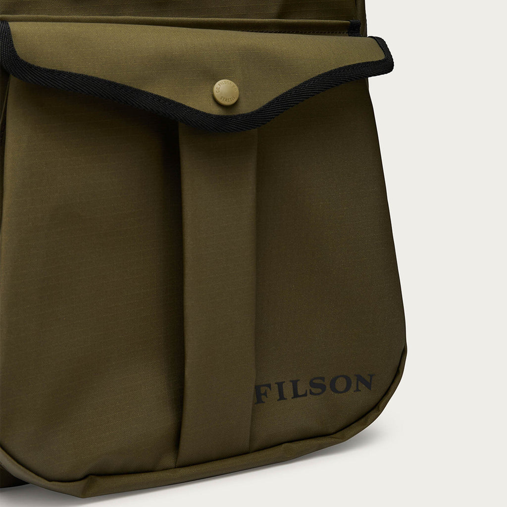 Filson Scout Journeyman Backpack in Olive and Black, front pocket detail