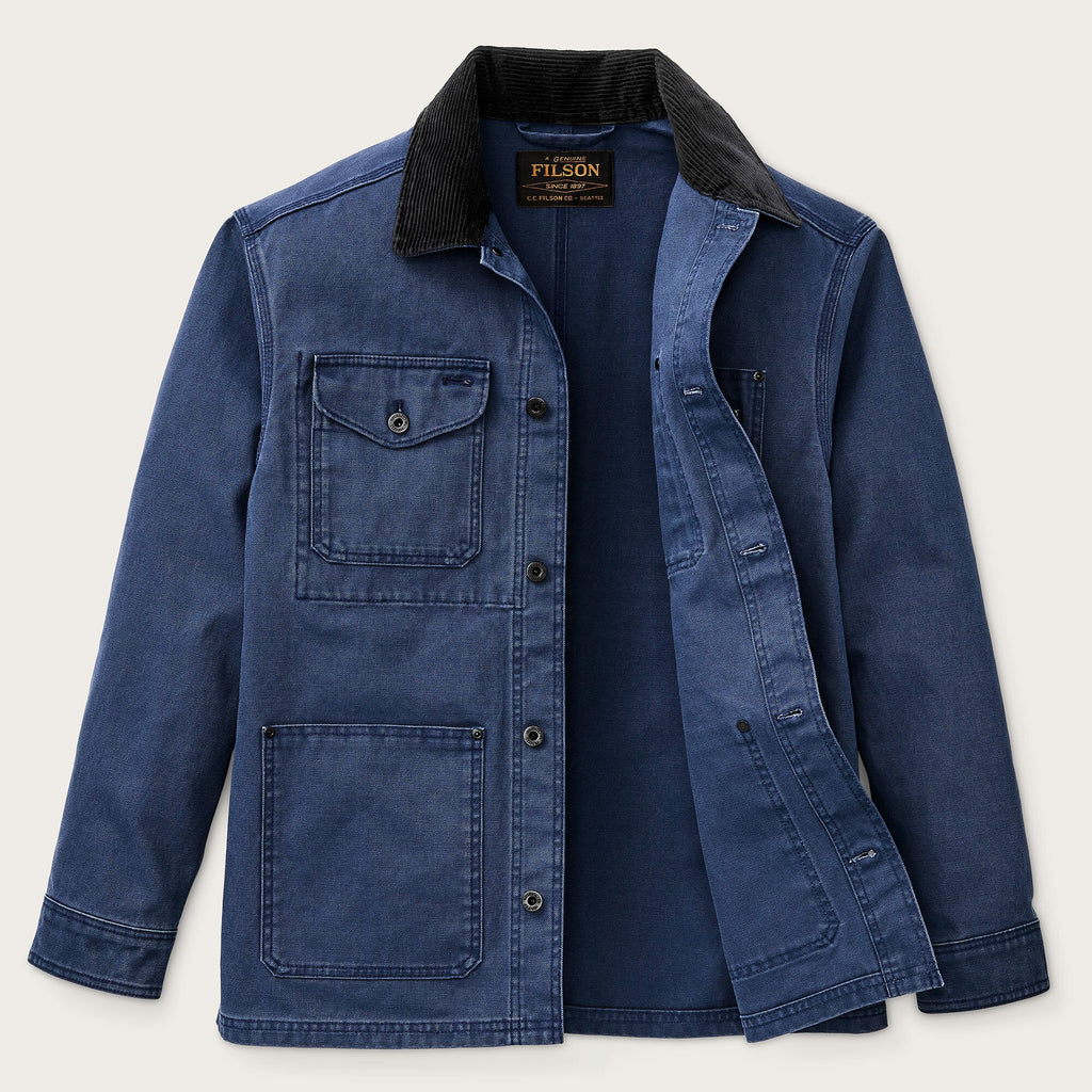 Filson Rustic Canvas Barn Coat in Indigo, corduroy collar detail
