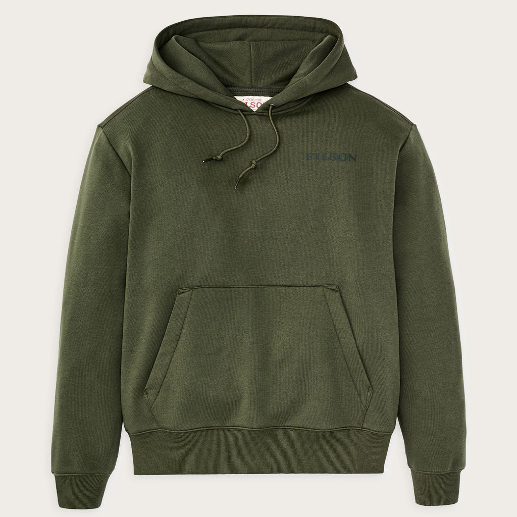 Filson Scenic Graphic Hoodie in Surplus Green, front view