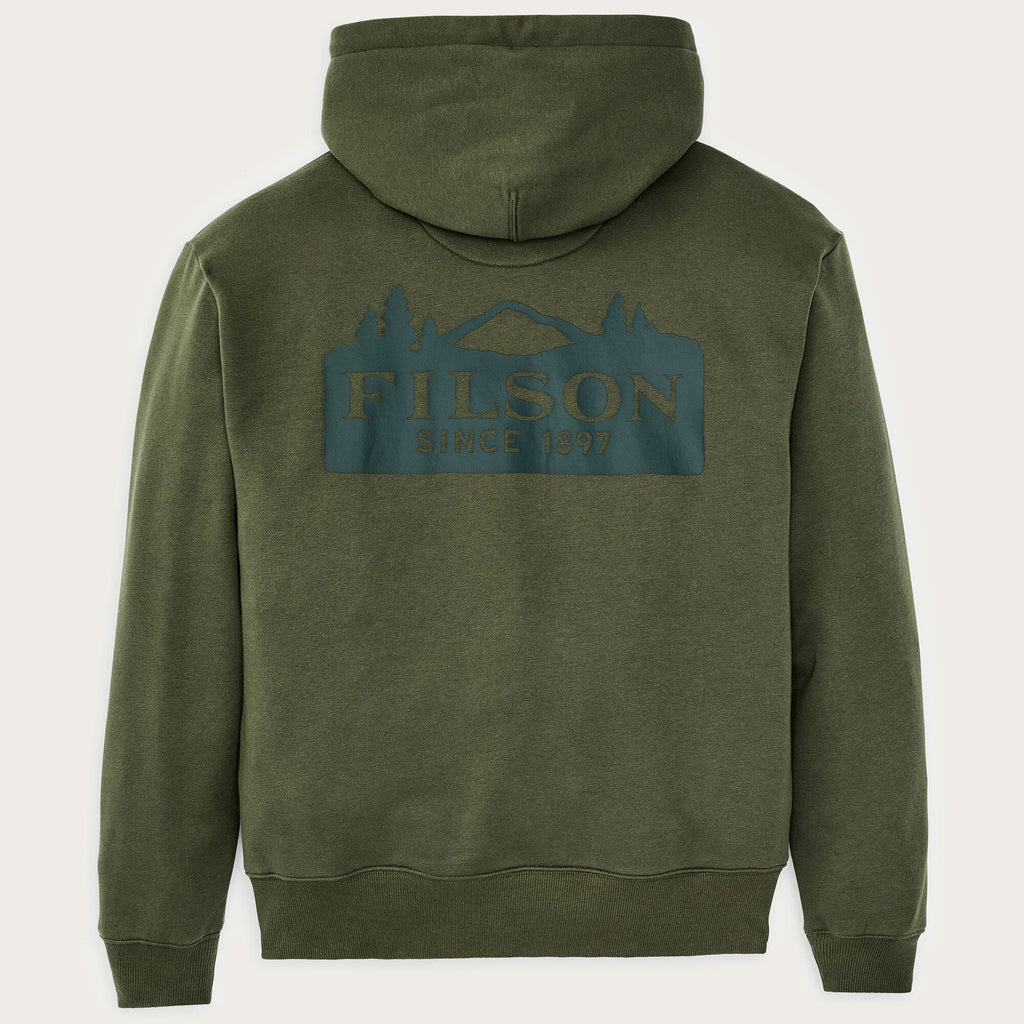 Filson Scenic Graphic Hoodie in Surplus Green, rear view with graphic