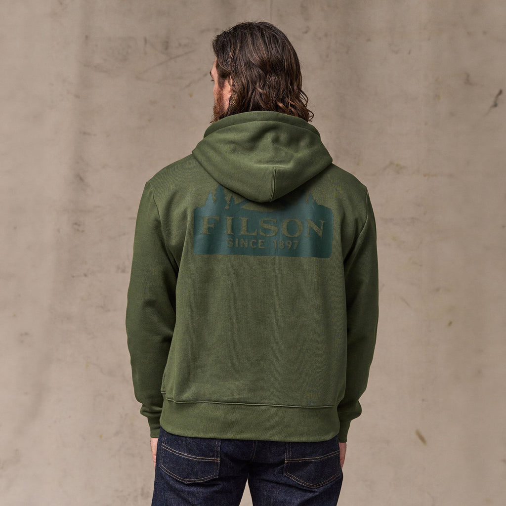 Filson Scenic Graphic Hoodie in Surplus Green, worn detail
