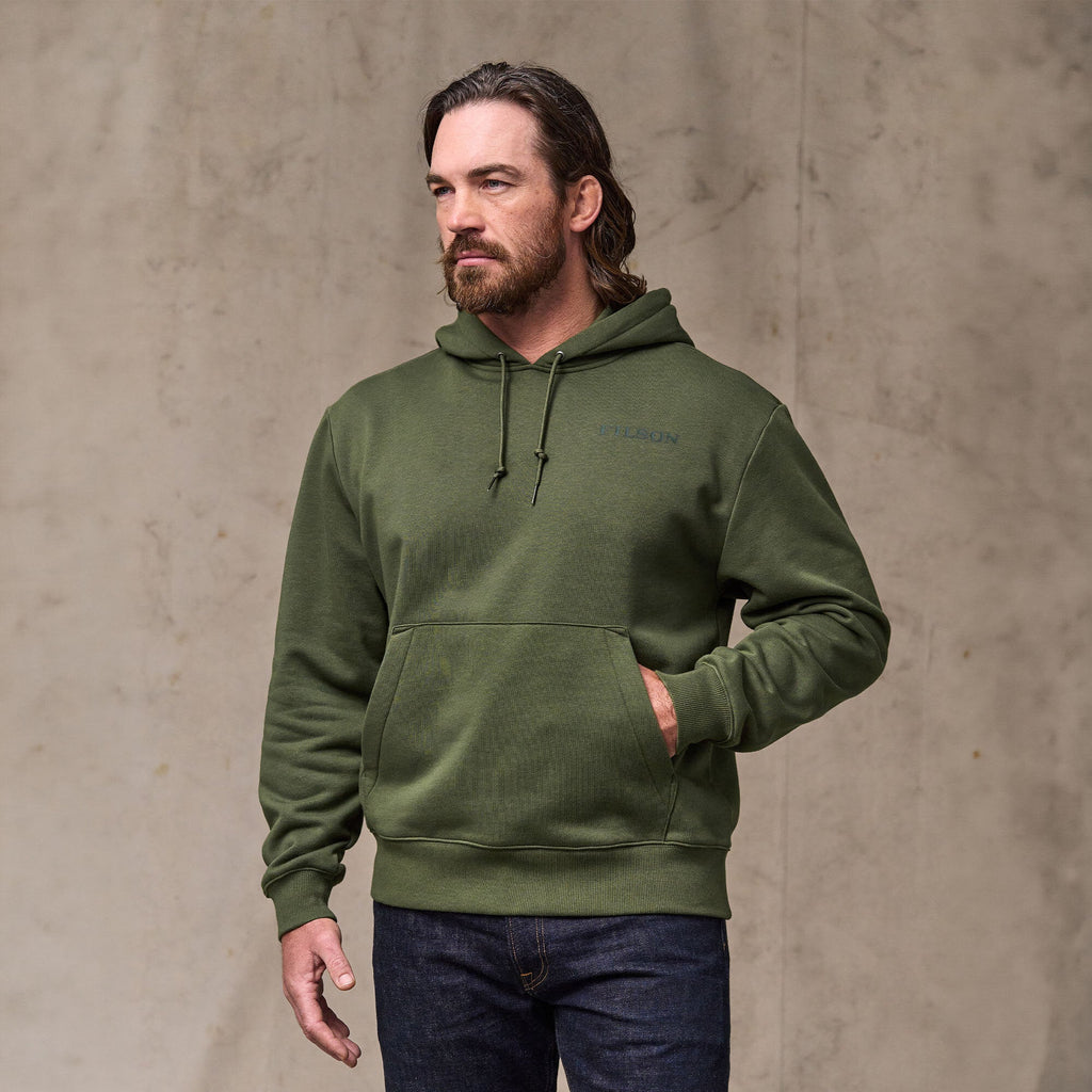 Filson Scenic Graphic Hoodie in Surplus Green, fabric detail