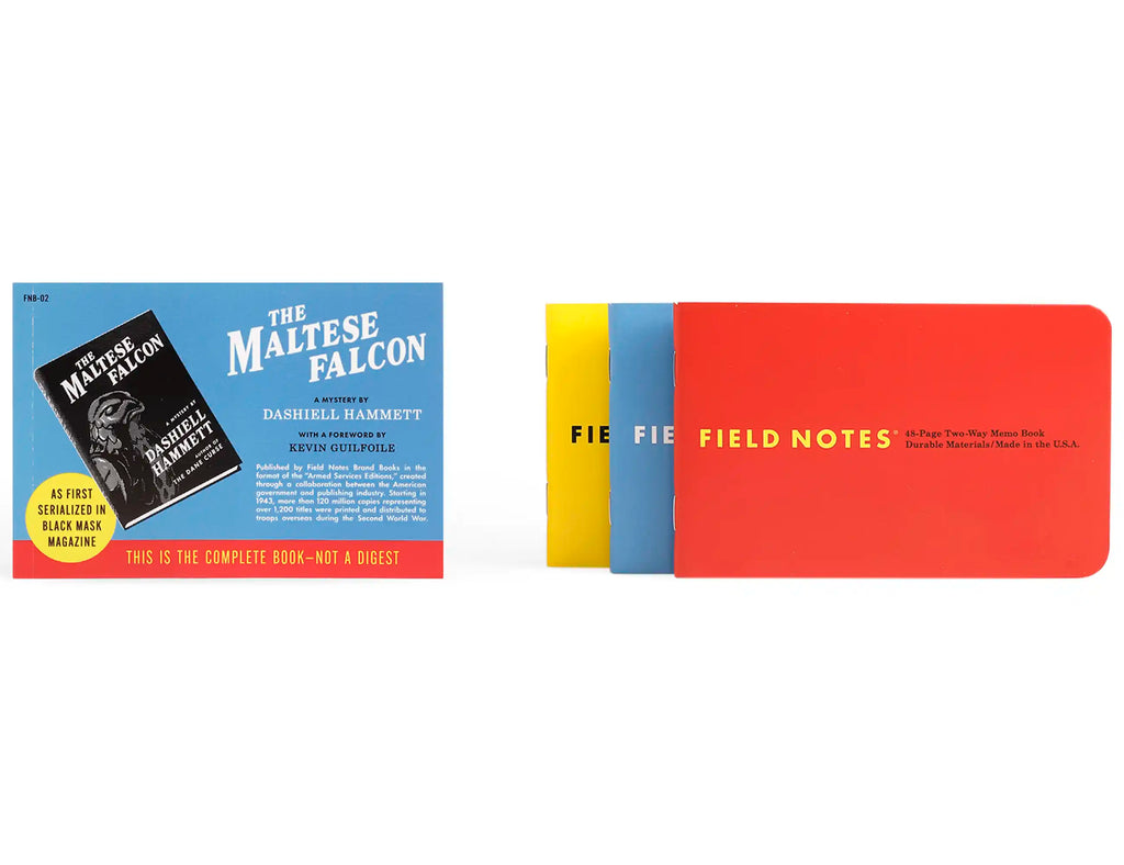 Blue book with “Field Notes” card-like slip and matching colored banded notes.