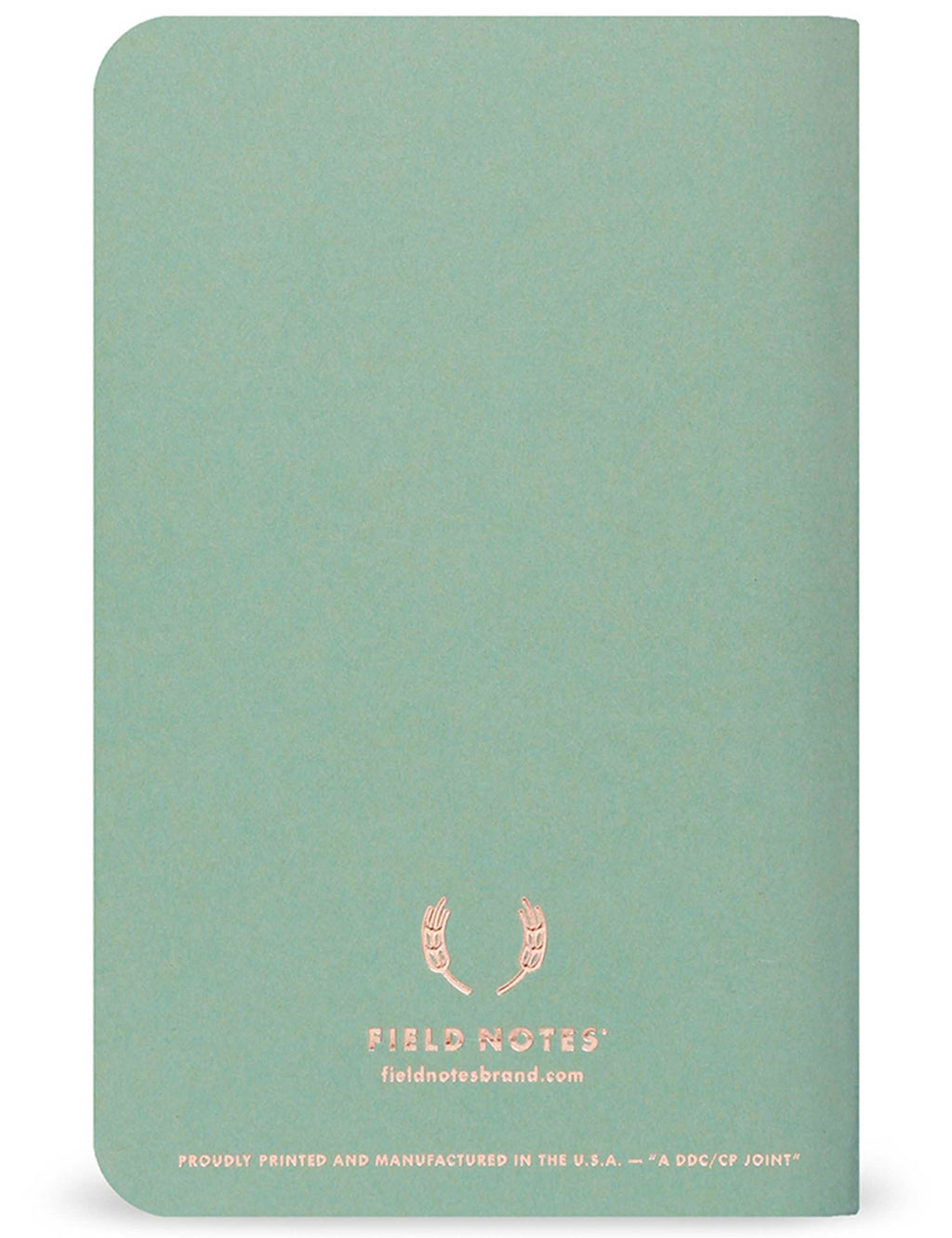 Mint green quarterly memo book back cover with Field Notes logo and cactus icons