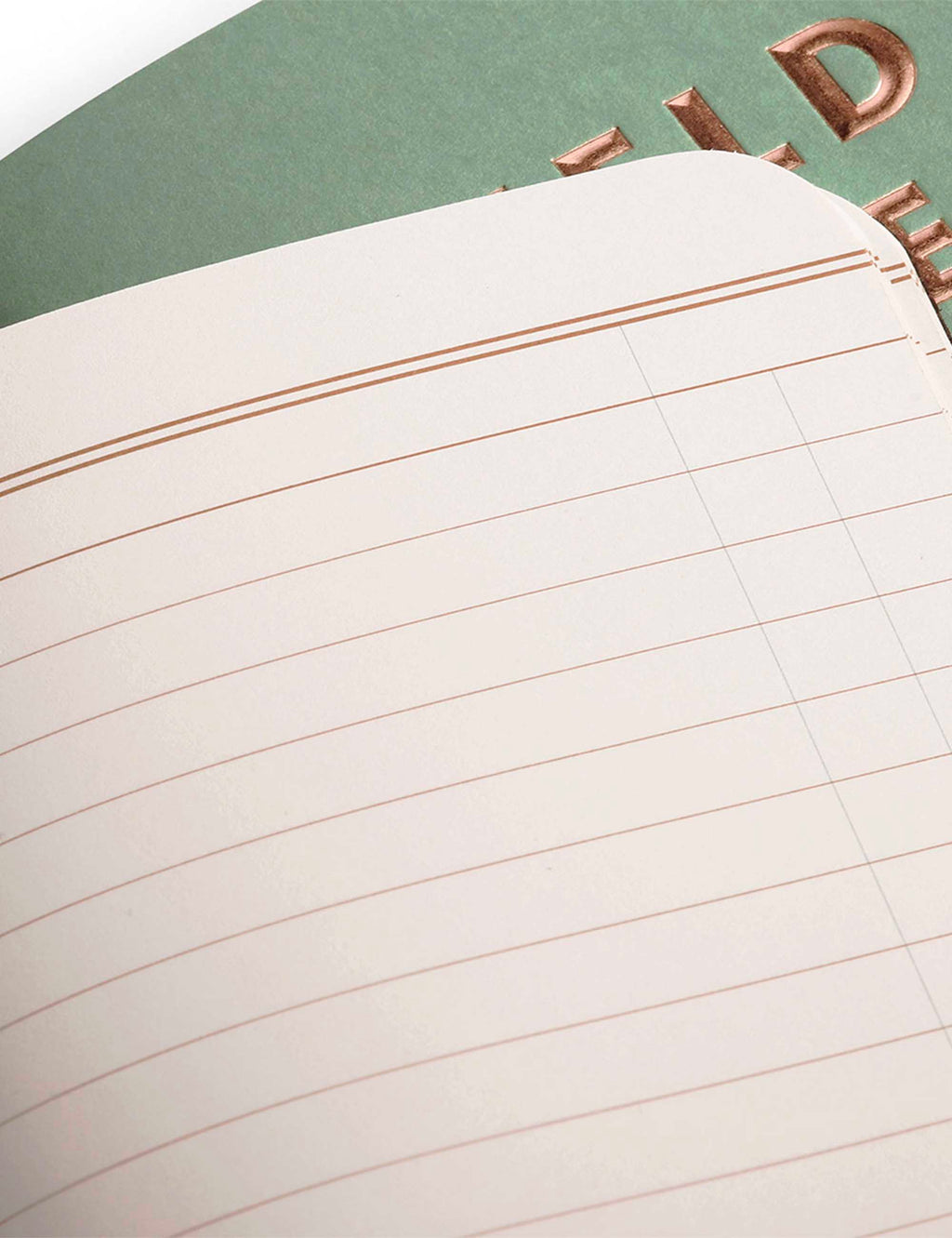 Open lined pages of mint quarterly memo book with copper foil FIELD NOTES heading