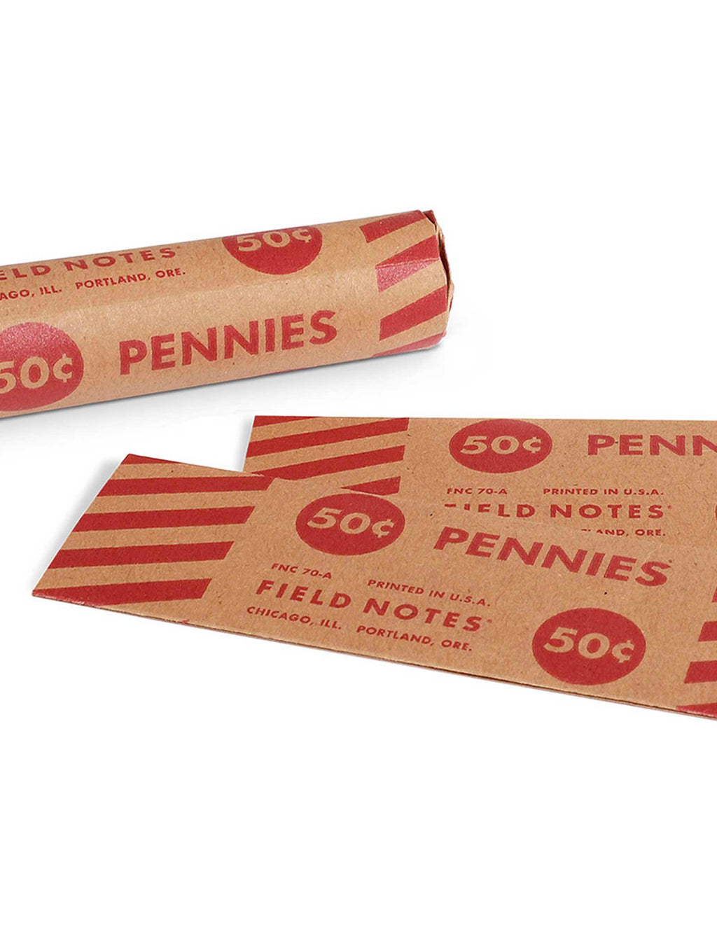 Penny-themed Field Notes packaging strips labeled 50¢
