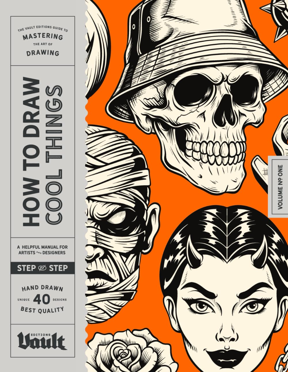 Book cover with illustrations of a skull, mummy, and woman's face on an orange background