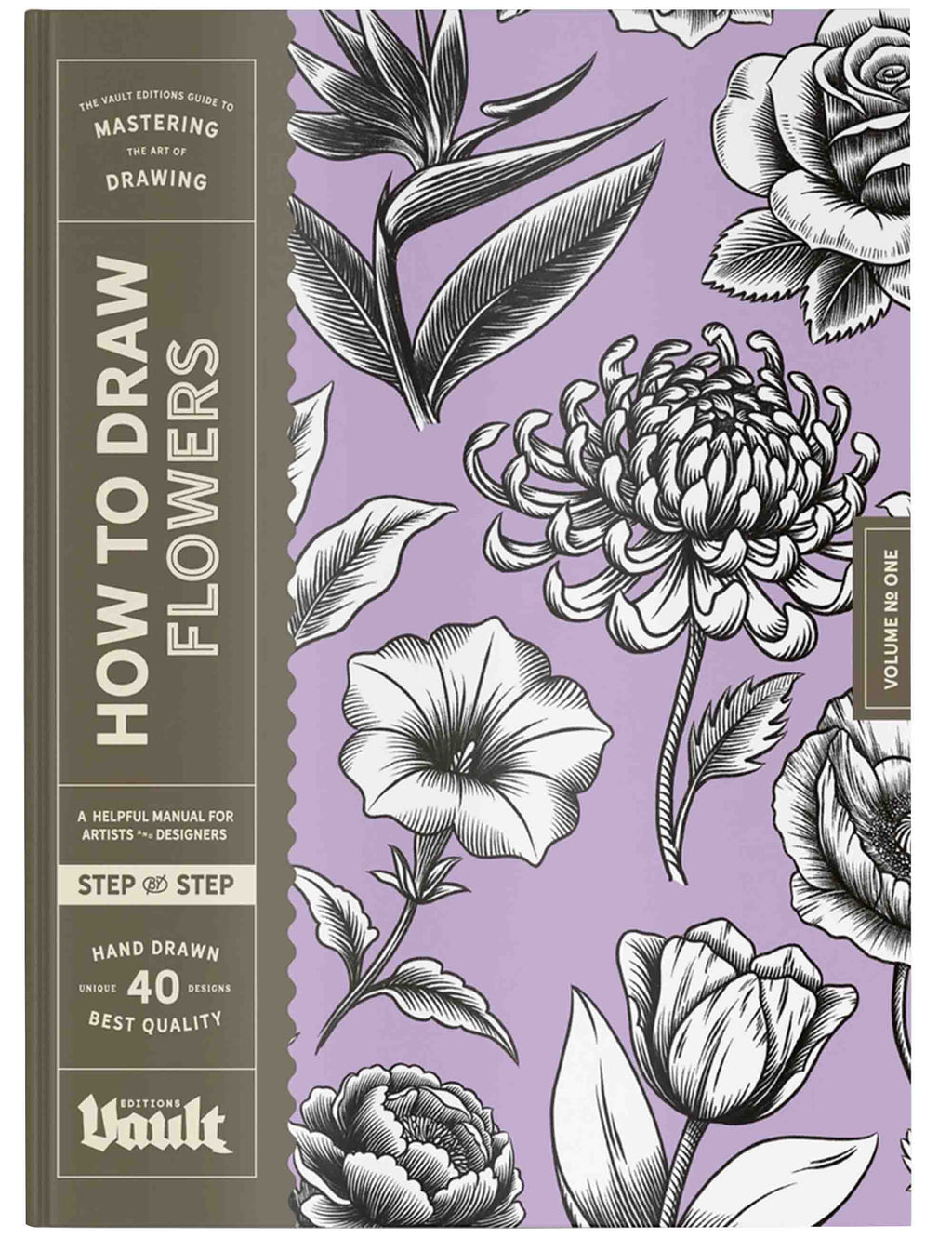 Book titled 'How to Draw Flowers' with floral illustrations on a purple background