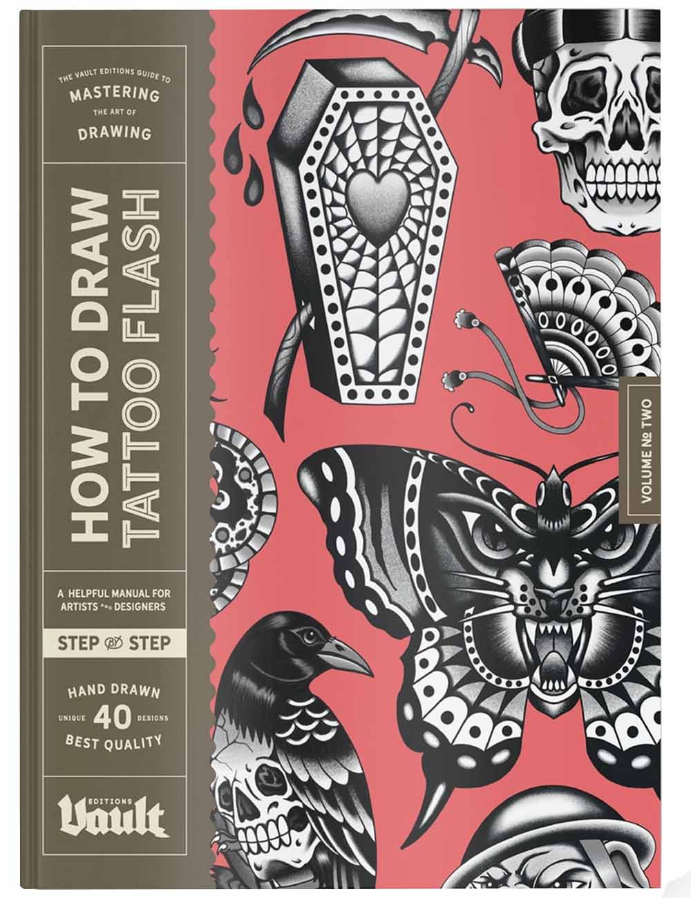 Book cover of 'How to Draw Tattoo Flash' with black and white illustrations on a red background