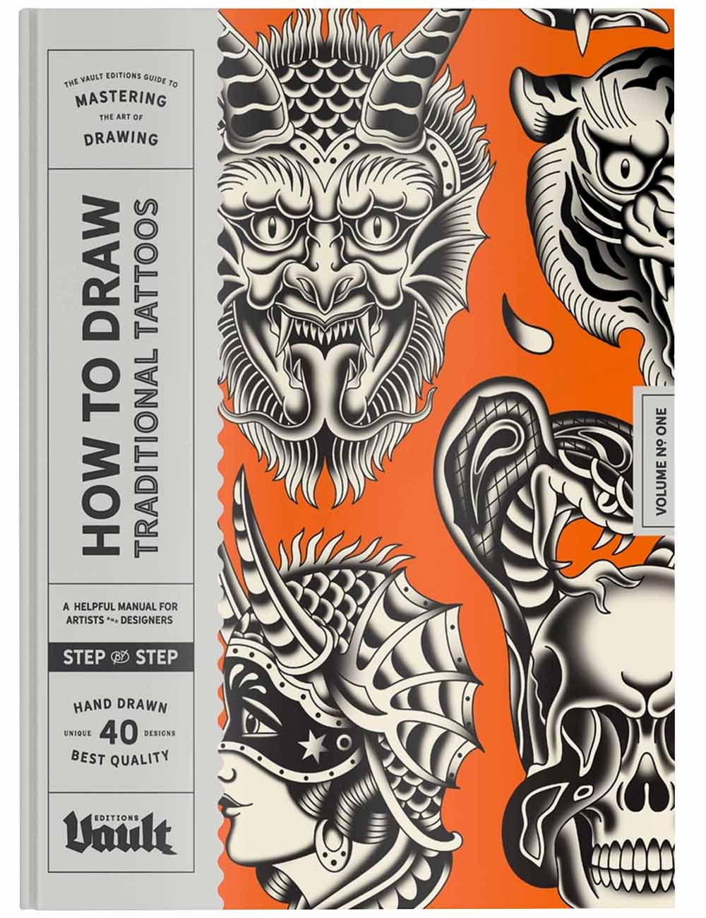 Book cover of 'How to Draw Traditional Tattoos' with tattoo designs on an orange background