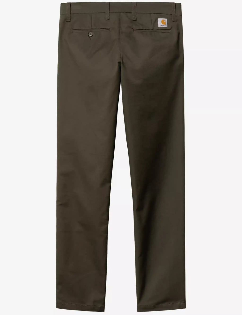 Back view of men’s dark cypress pants with waistband button and back pockets