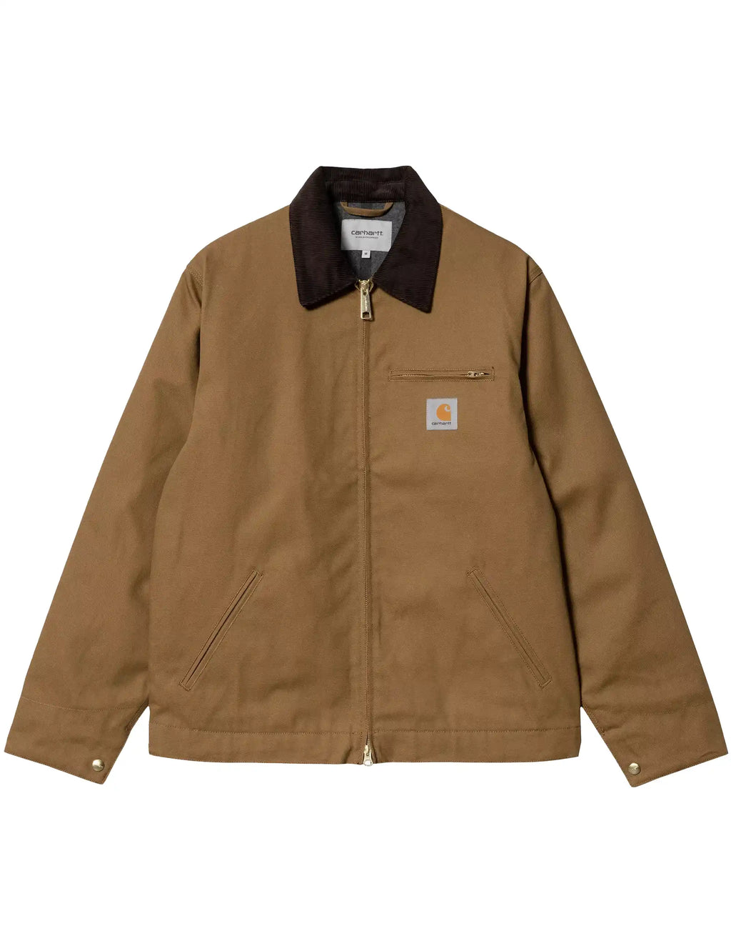 Men's winter work jacket in tan with dark brown collar, full-zip front, chest pocket