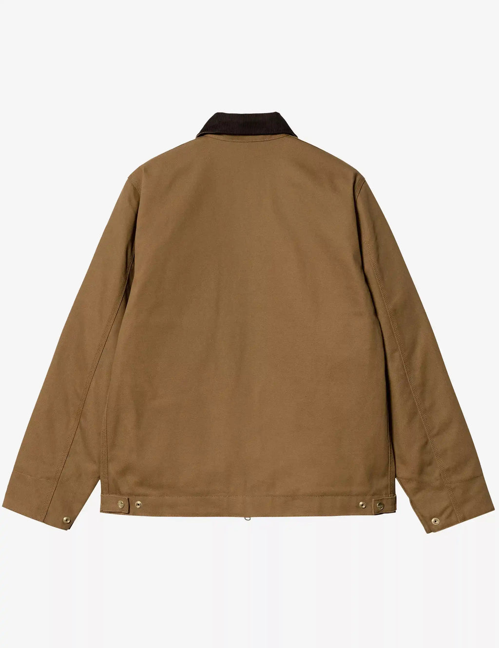 Men's winter work jacket back view, tan body, dark stand collar, snap hem