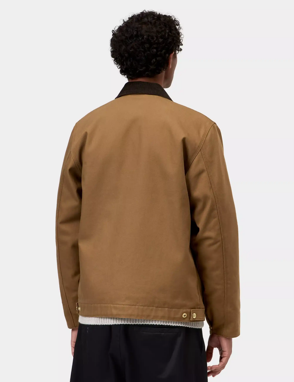 Men's winter jacket tan back view, stand collar, snap cuff at hem