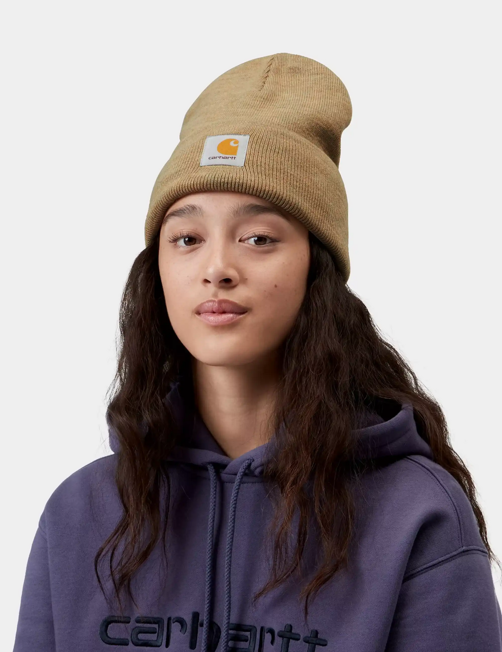 Heather beige acrylic watch beanie with cuff and Carhartt woven logo patch