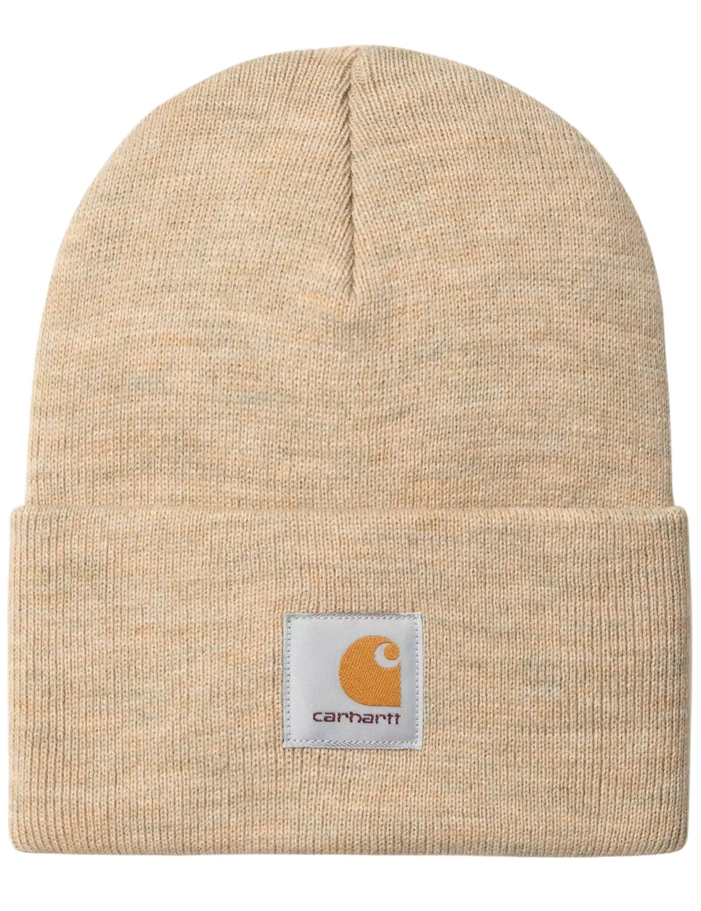Heather beige knit beanie with ribbed cuff and Carhartt label patch