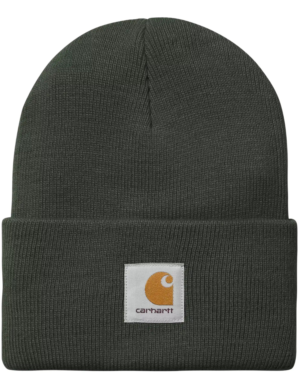 Dark green acrylic beanie hat with fold-up cuff and Carhartt logo patch